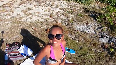 Amateur Thai teen Cherry fucking a big white cock at the beach outdoor