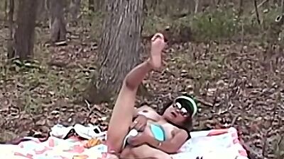 Amateur lady toys her cunt before being pounded in the woods