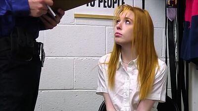 Sexy thief with golden hair on officers cock