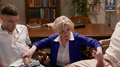 Double penetration of huge tits librarian MILF Dee Williams by two students