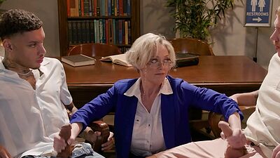 Double penetration of huge tits librarian MILF Dee Williams by two students