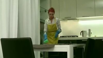 Sexy cleaner got fucked hard by 3 clients