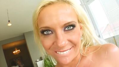 Big titted Sharon cannot wait to take both of those cocks inside her holes. She sucks them off and then engages in a hot double penetration action followed by two big loads.