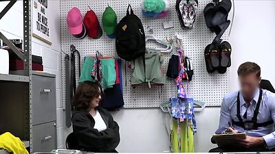 Busty kleptomaniac brunette rides mall cops dick