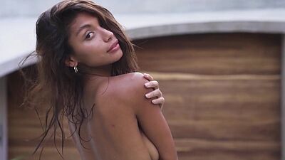 Bombastic all natural Mexican beauty Carolina Reyes stripping by the pool