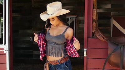 Sexy perfect big tits black MILF model Briana Ashley posing on the ranch