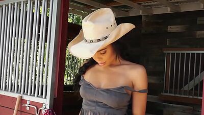 Sexy perfect big tits black MILF model Briana Ashley posing on the ranch