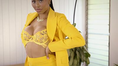 Curvy black MILF beauty Kira Noir striptease out of her business outfit