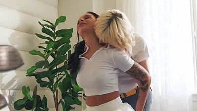 Busty trans milf Lucy Hart fucks tattooed golfer girlfriend