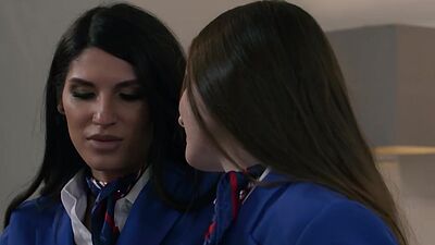 Shemale flight attendant Zariah Aura bangs female colleague