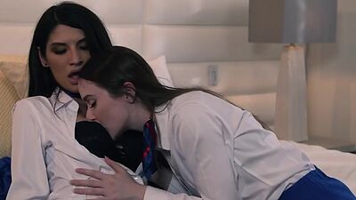 Trans flight attendant Zariah Aura fucks her busty coworker