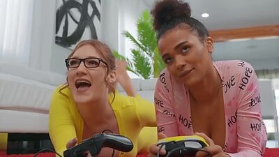 Naughty gaming sluts fucked in threesome by big white dick