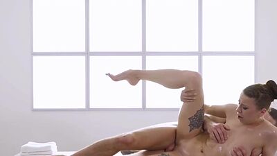 Sexy oiled bae fucked by big white dick in wet pussy hole