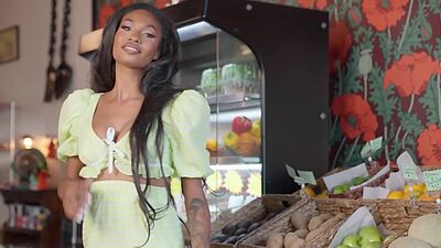 Hot black teen posing in grocery store and showed her natural big tits