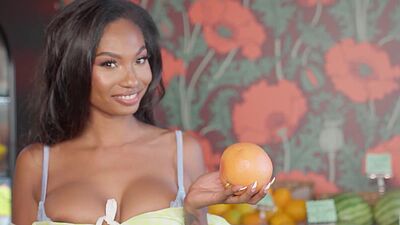 Hot black teen posing in grocery store and showed her natural big tits