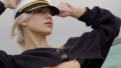 Petite blondie Lennon Elizabeth shows off her tiny boobs on a boat outdoor