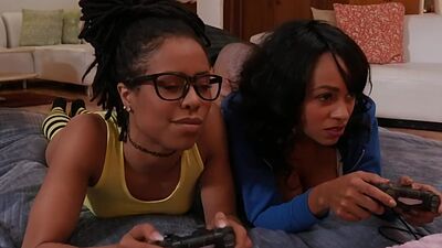 Gaming bitches fucked in threeway by big white dick