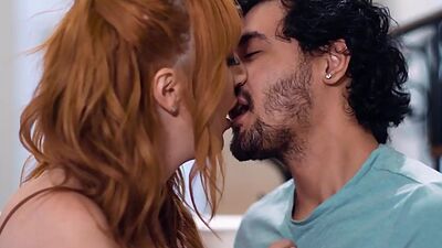 Nympho redhead MILF shakes jugs and rides cock on couch