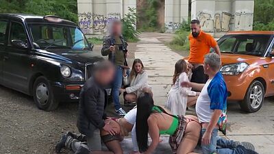 Sexy cab babes fucked in group sex outdoor in wet pussy