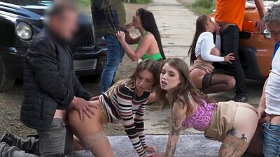 Sexy cab babes fucked in group sex outdoor in wet pussy