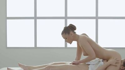 Lesbian massage babes lick each other pussy on massage table