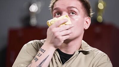 Locker room tattooed babe rides cock of masturb janitor