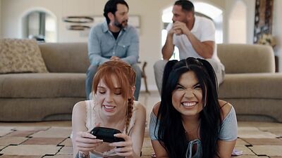 Gaming teen stepdaughters both fucked by their perverted stepdads