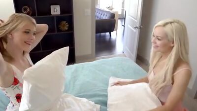 Cute blondes Hannah Hays and Elsa Jean seduce their stepbrother with deep throat BJs and their slippery bare pussies