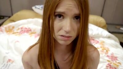 Horny hot redhead Pepper Hart coaxes her stepbrother to help her through her injury by sucking and fucking his big dick