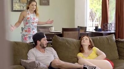 Sexy redhead Maya Kendrick lets her stepbrother bang her juicy landing strip pussy while she tries to hold the moan