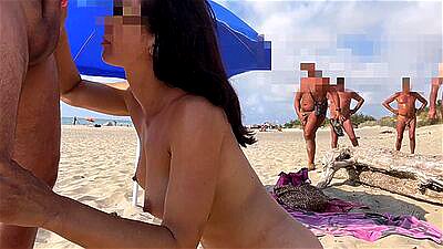 Wow madness on the public beach sexy brunette surrounded by strangers