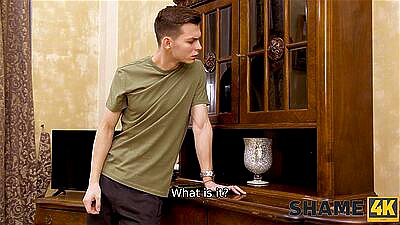 SHAME4K. Stud fucks unshaved vagina of stepmother's horny friend Angela MILF