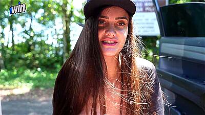 Busty brunette showing off and giving a blowjob on the avenue | Victoria RC | LP Produções