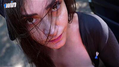 Busty brunette showing off and giving a blowjob on the avenue | Victoria RC | LP Produções