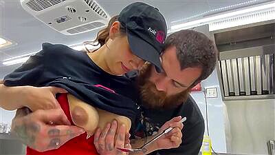 Food truck lady with milk filled boobs has special menu