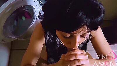 Stepmom fucked and get cum in mouth by stepson while she is stuck