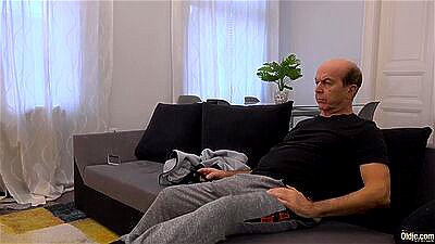 Hottie get hardcore fucked by grandpa on the couch and she swallows his jizz