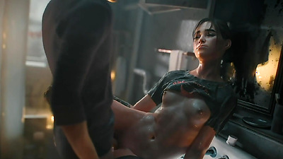 Lucky dude fucks Ellie in the bathroom and cums on her hard abs