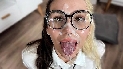 Sexy Student Got Hot Cum on Her Face Close up