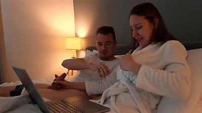 Step mom helps to cum step son in share bed with hand job and tight pussy, but can't...