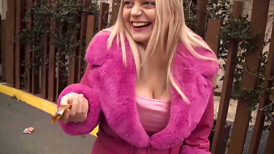 Huge tits blonde babe banged by two men and swallows loads