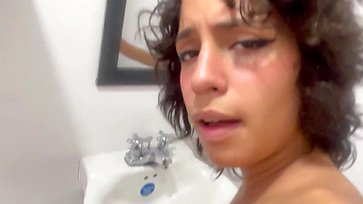 I share a bathroom with my shy stepsister and we end up having the best fuck of our lives and I cum so good in her mouth.