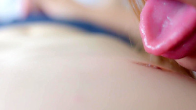 Japanese babe lick nipple with sloppy tongue while handjob