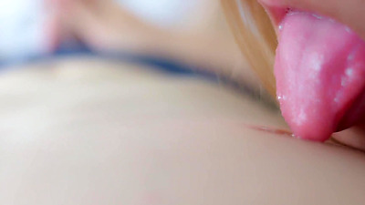 Japanese babe lick nipple with sloppy tongue while handjob