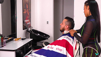 Rough sex in the Barbershop with the client with a huge penis who explodes his cum on my face - Mariana Martix - FREE