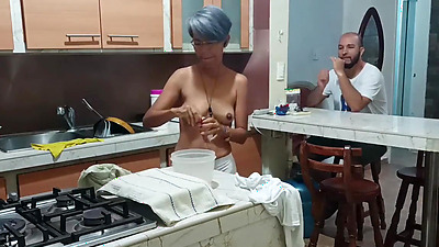 I catch my stepsister in the kitchen dancing very sexy semi naked -Porn in Spanish, she is a very sexy stepsister,