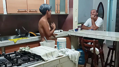 I catch my stepsister in the kitchen dancing very sexy semi naked -Porn in Spanish, she is a very sexy stepsister,