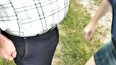 Random man pees. My wife bitch was passing by and held his penis in fingers. Public. Outdoor. Outside. MILF. Skirt