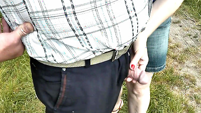 Random man pees. My wife bitch was passing by and held his penis in fingers. Public. Outdoor. Outside. MILF. Skirt