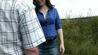 Random man pees. My wife bitch was passing by and held his penis in fingers. Public. Outdoor. Outside. MILF. Skirt